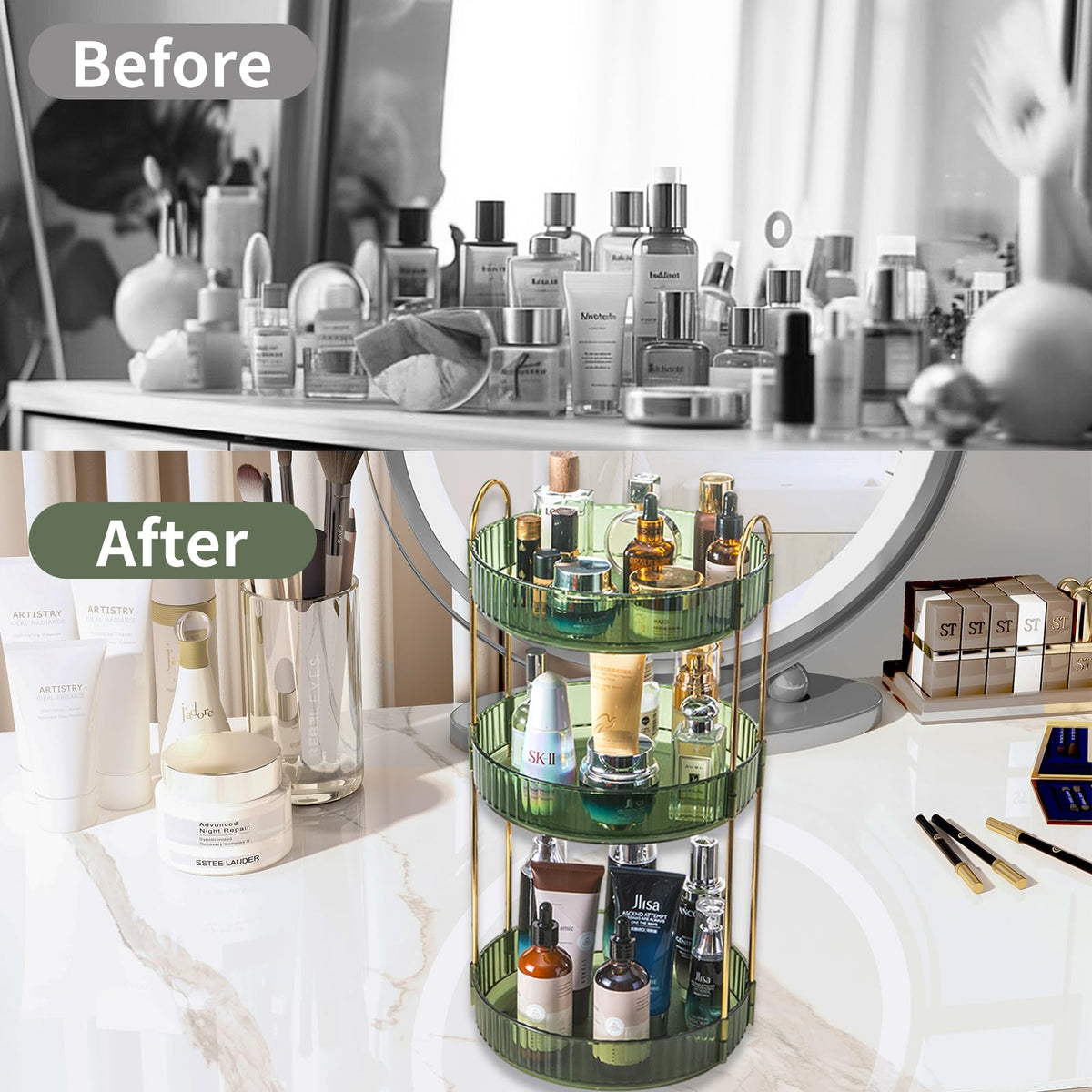 Asayuee premium-ABS-material vanity combines durability with stylish green trays.