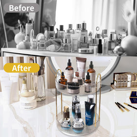 Asayuee raised guardrails keep cosmetics secure in the two-tier organizer.