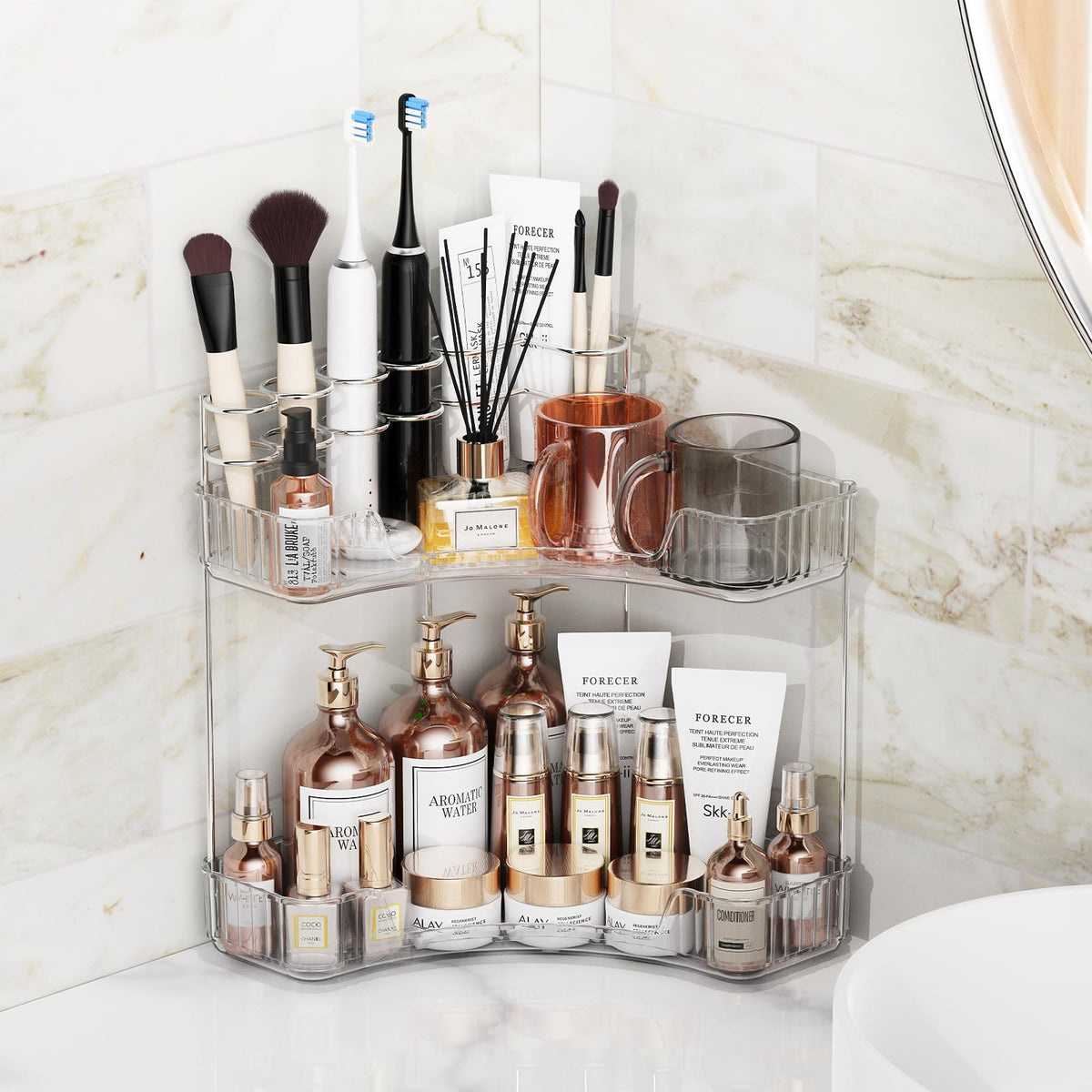 Asayuee clear two-tier counter organizer for skincare products and daily essentials.