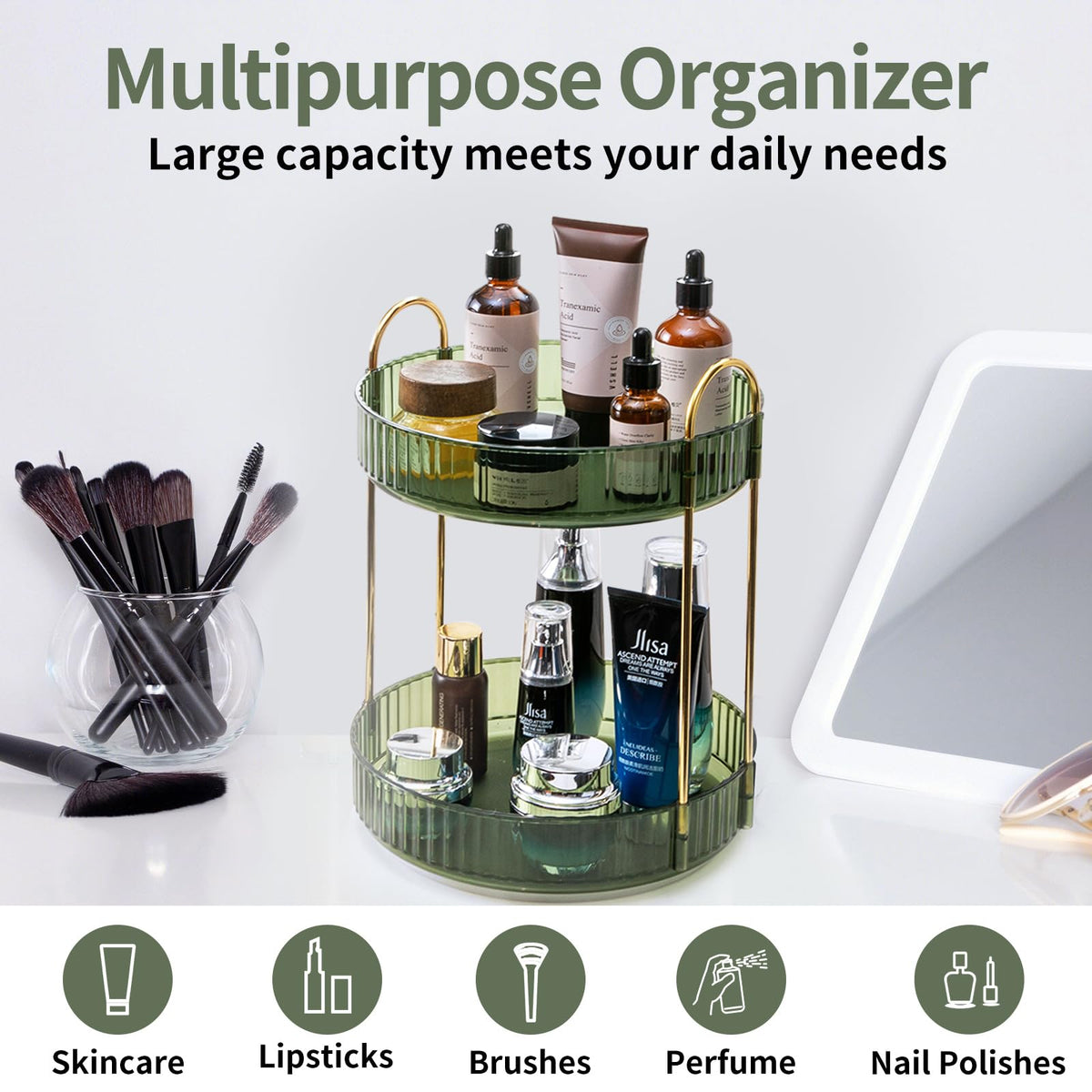 Asayuee spinning perfume organizer on a compact vanity saves counter space.