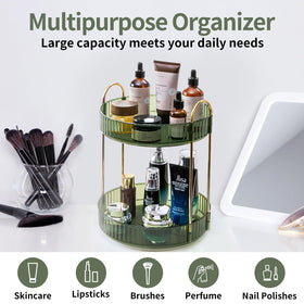 Asayuee spinning perfume organizer on a compact vanity saves counter space.