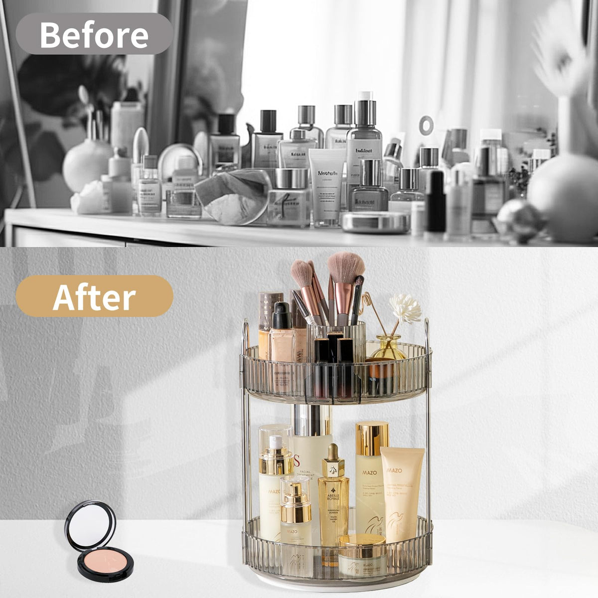 Asayuee vanity countertop storage keeps skincare and cosmetics neatly displayed