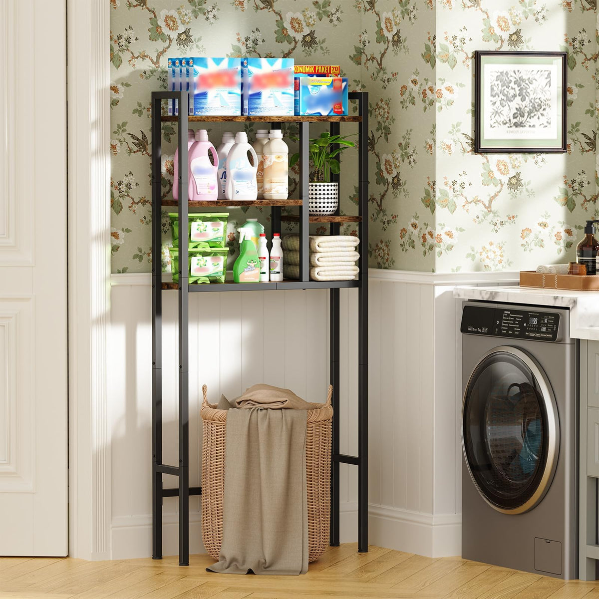 Asgolion freestanding space-saving design that fits above the toilet.