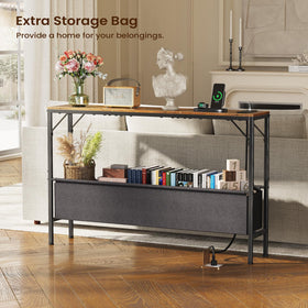 Anti-tip straps on Asgolion console table for added safety in busy areas.