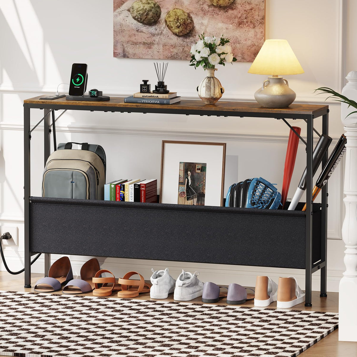 Asgolion console table with under-table storage basket kept organized.