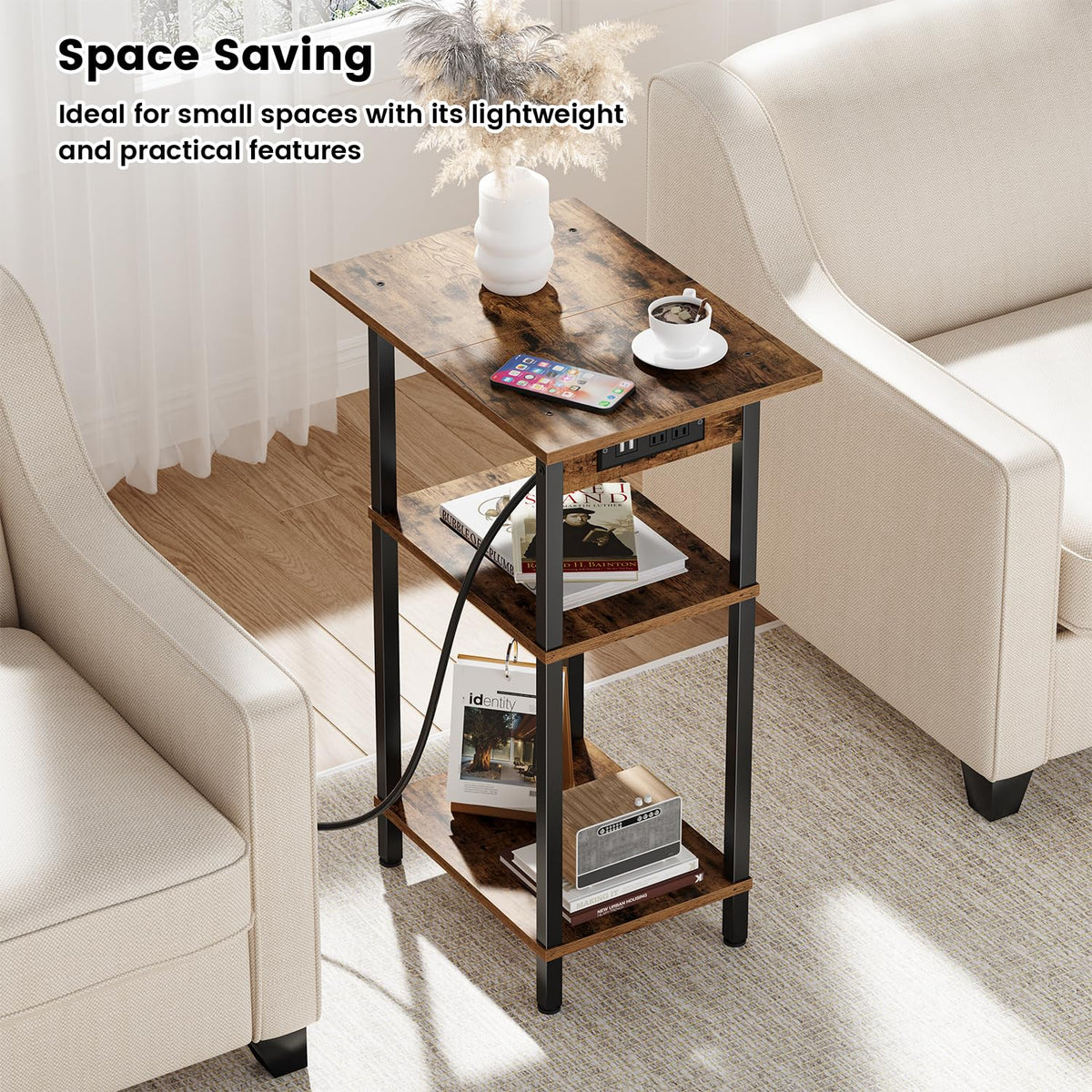 Asgolion skinny nightstand 3-tier storage provides organized space beside seating.