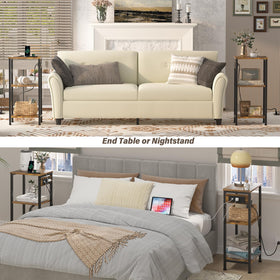 Asgolion tall end table with outlets and USB ports beside the sofa for quick charging.