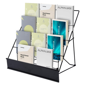 AshKiz four-tier book signing rack showing organized brochures and books in a modern black metal frame