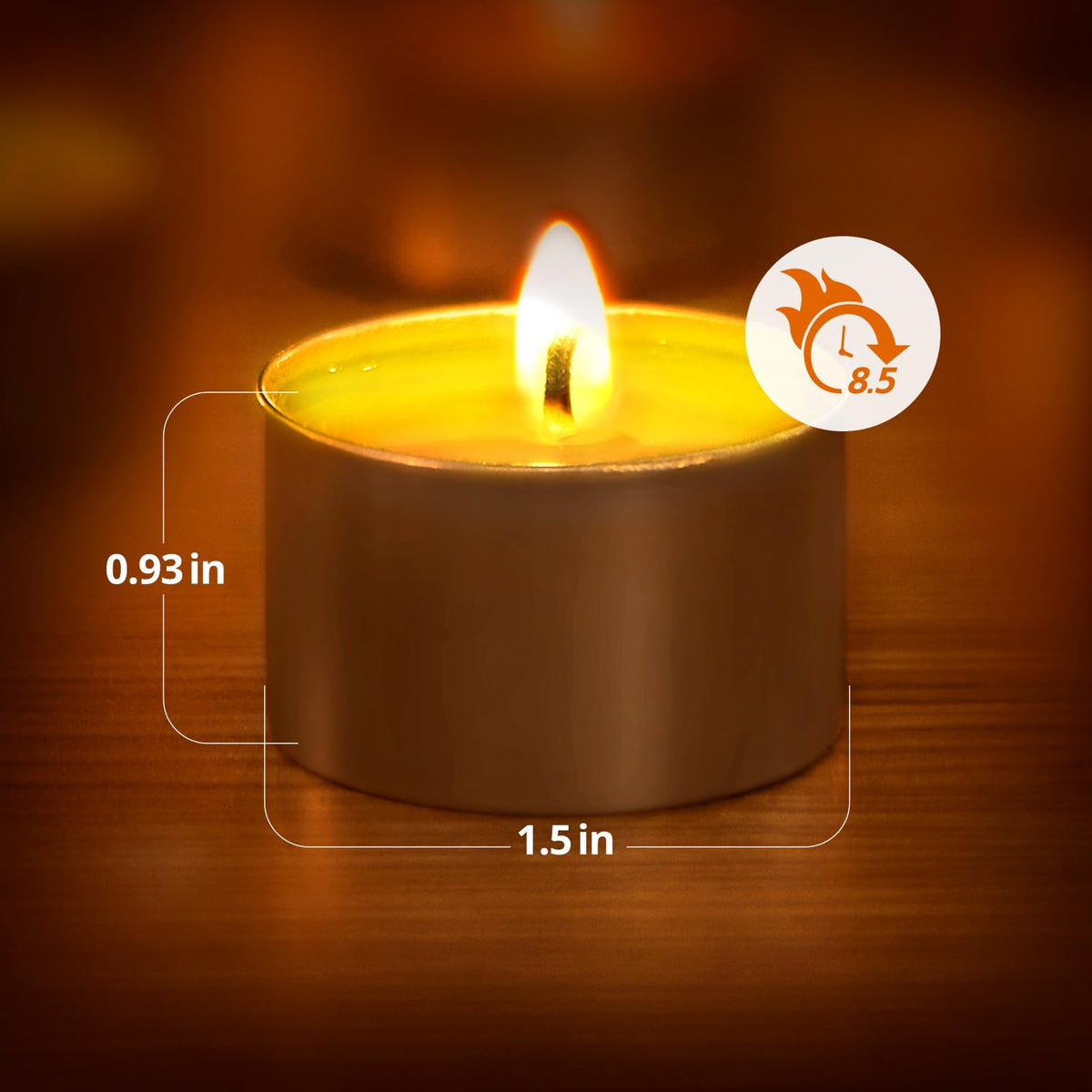 Ashlux palm wax tea lights burn for 8 to 9 hours for extended ambiance.