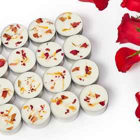 Ashlux rose-petal tealight with real petals for calming bath ambiance.