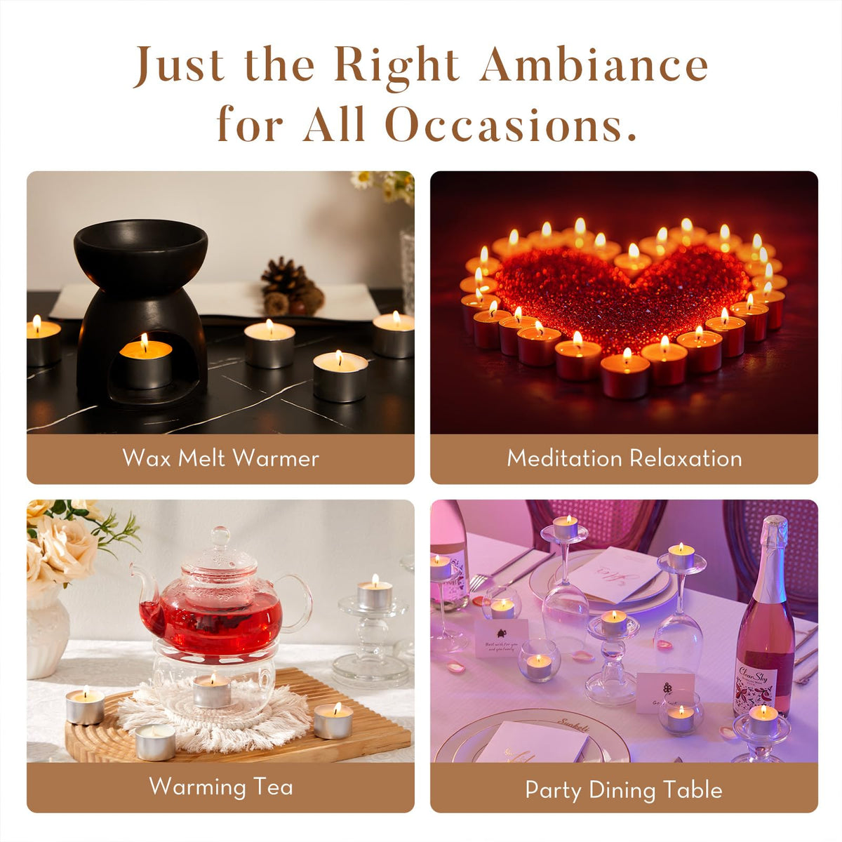 Ashlux compact 1.5 inch tea lights fit most holders securely.