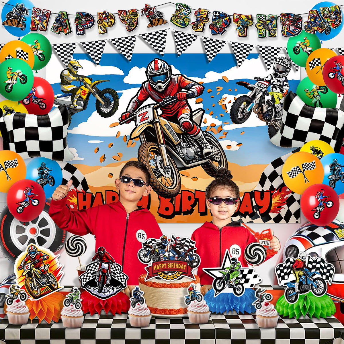 Asiriven dirt bike backdrop creates a photo-ready party focal point
