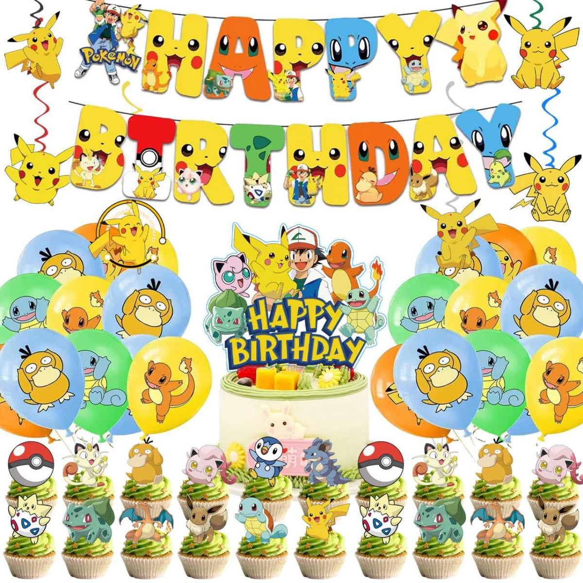 Aslike cartoon birthday banner featuring Pokemon characters for a festive centerpiece.