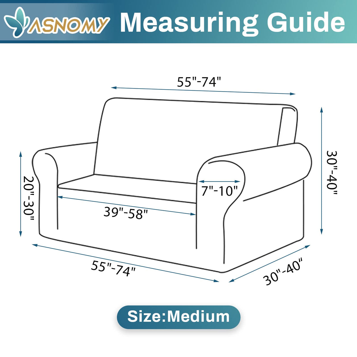 Asnomy measurement guide highlights fit for sofas 51 to 71 inches.