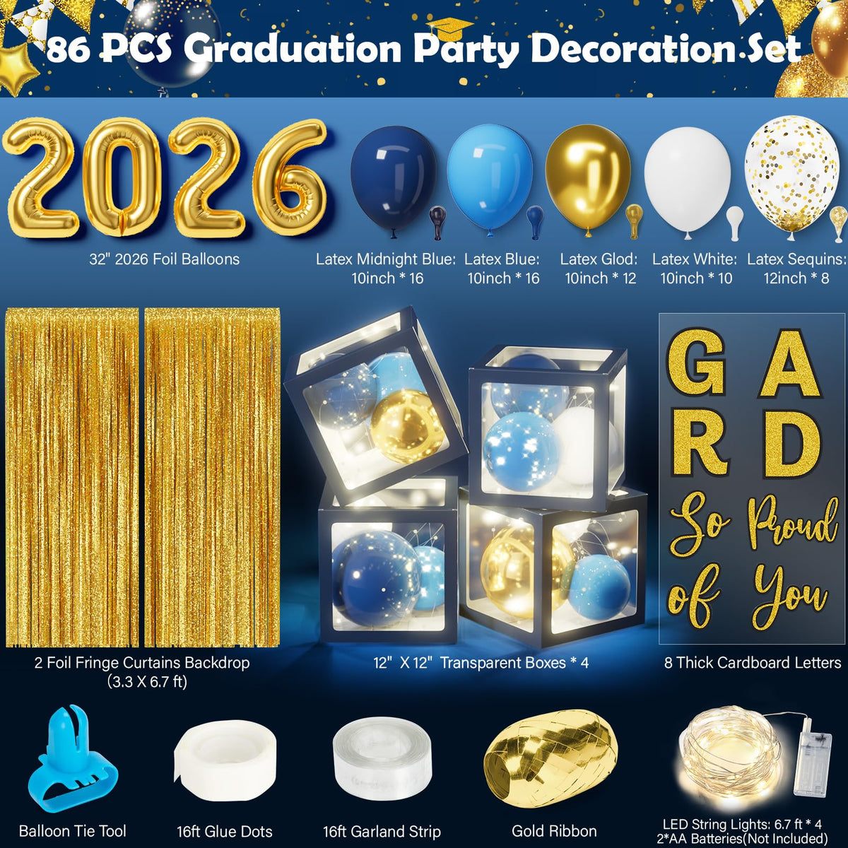 Asoulin blue and gold grad balloons form a chic, photo-ready garland