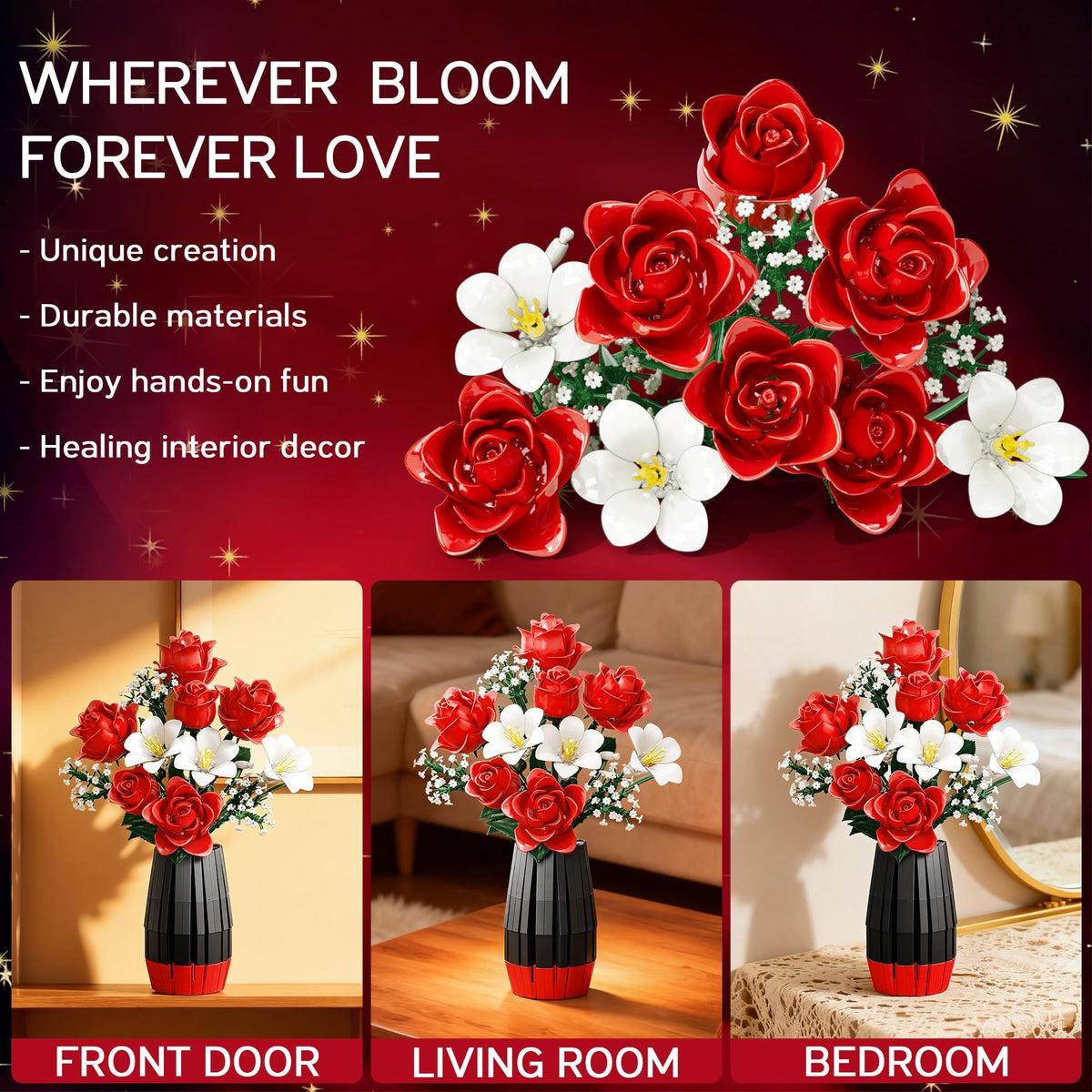 Asoulin red roses white flowers composition gives timeless contrast for romantic decor