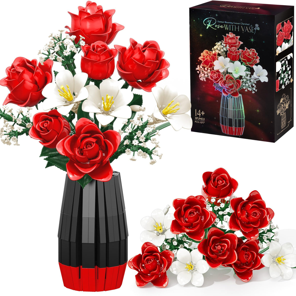 Asoulin roses bouquet-building set with vase showcased in elegant gift packaging for Mother's Day gifting