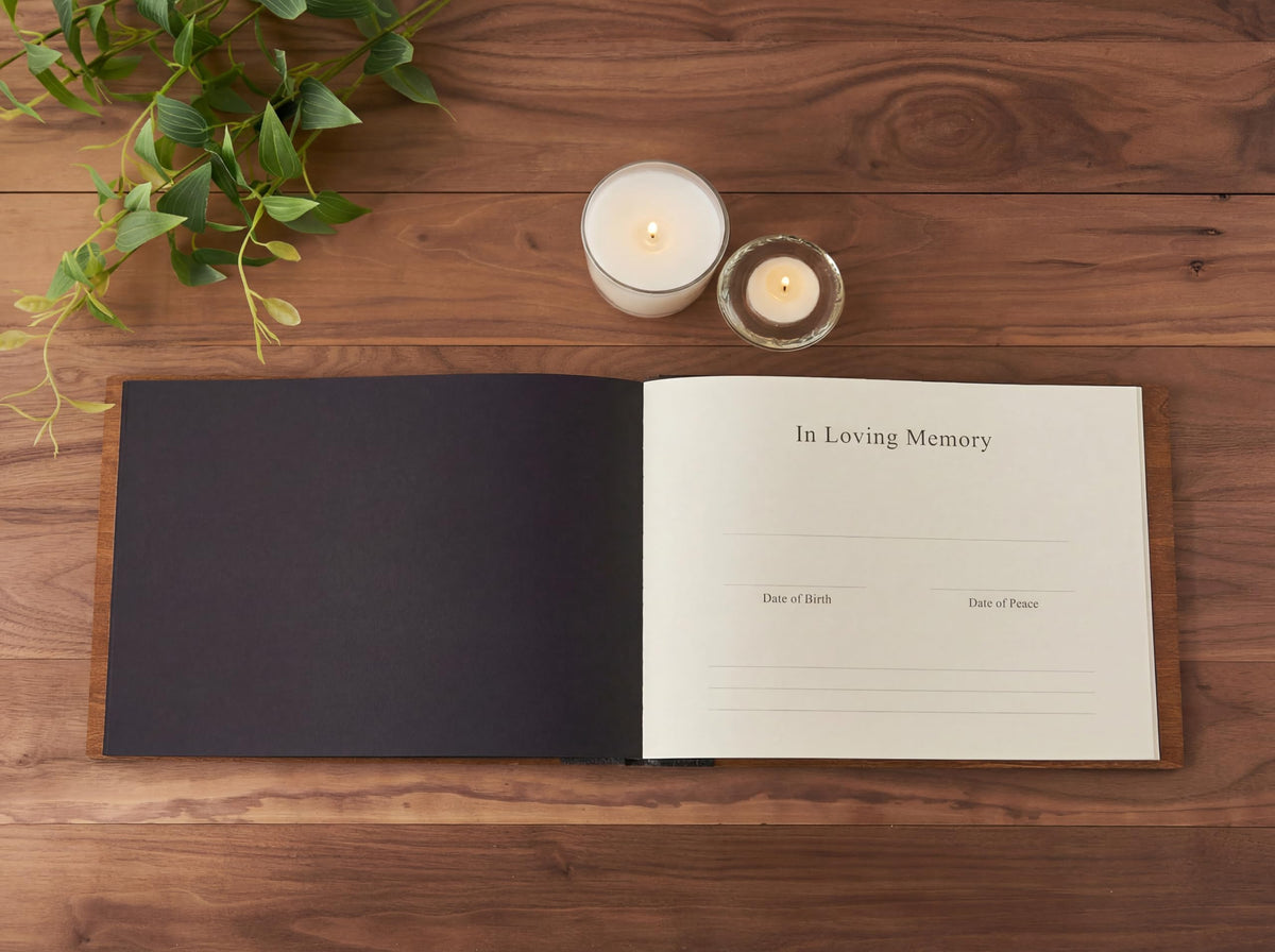 Real cherry wood finish on Aspen Studio funeral guest book for warmth and dignity