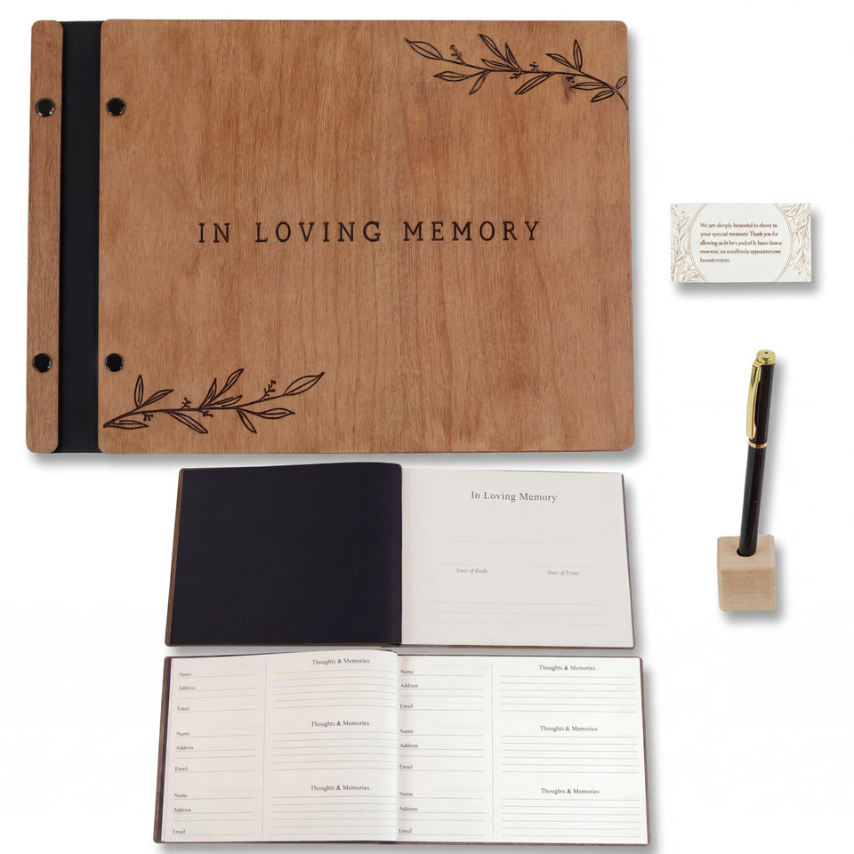 Aspen Studio funeral guest book cover in cherry wood, timeless memorial look