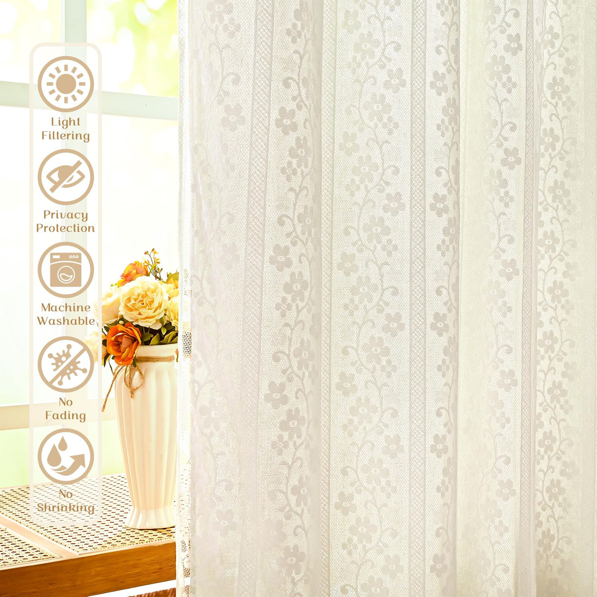 ASPMIZ Boho-style curtains with sheer lace create a soft, romantic ambiance and light filtration.