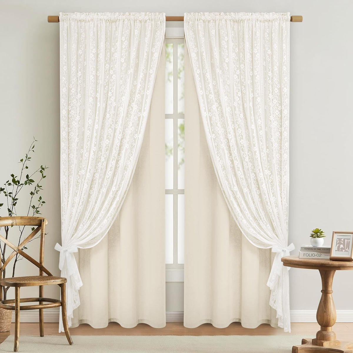 ASPMIZ Linen curtains with beige lace for the bedroom offer soft light and gentle privacy.