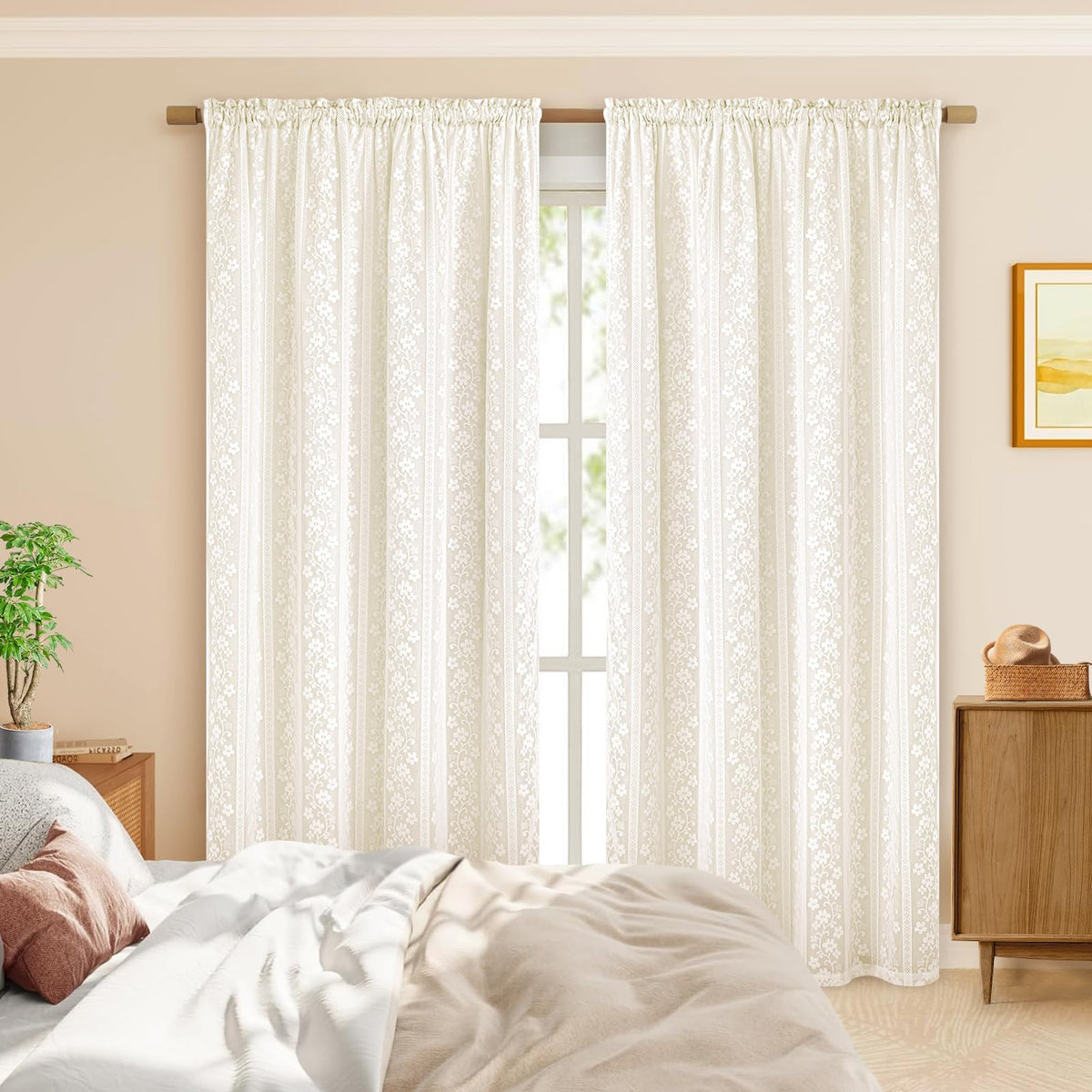 ASPMIZ Sheer lace overlay enhances bedroom decor with delicate texture and visual depth.