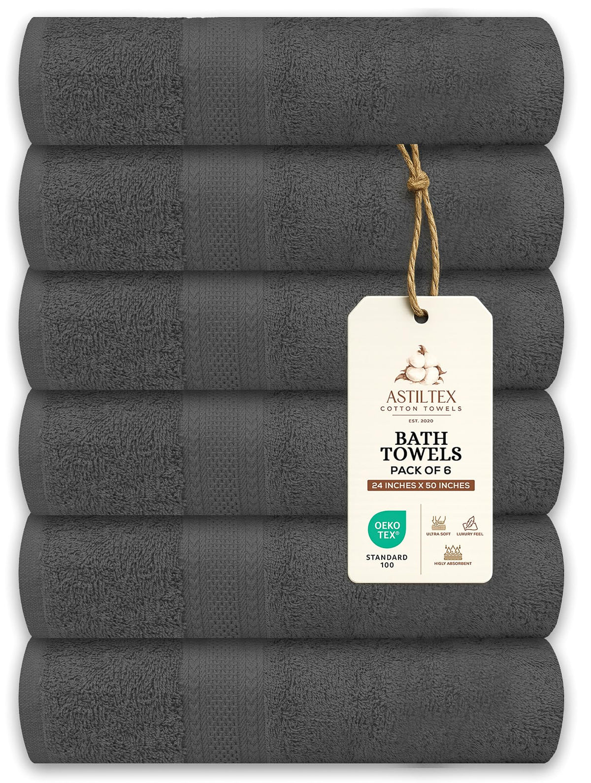ASTILTEX charcoal grey bath towel folded for display, emphasizing softness and quick-dry performance.
