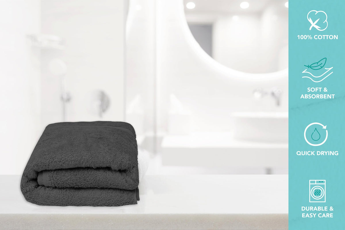 ASTILTEX machine-washable charcoal-grey towel shown in a clean bathroom setting.