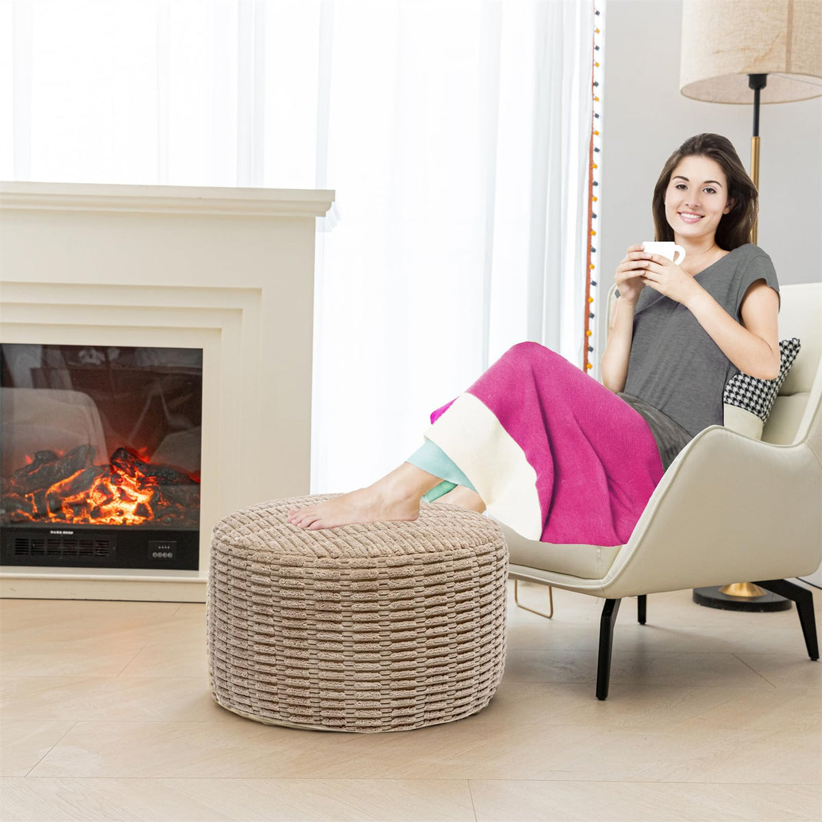 Asuprui pouf ottoman height side angle demonstrates supportive elevation for comfy feet.