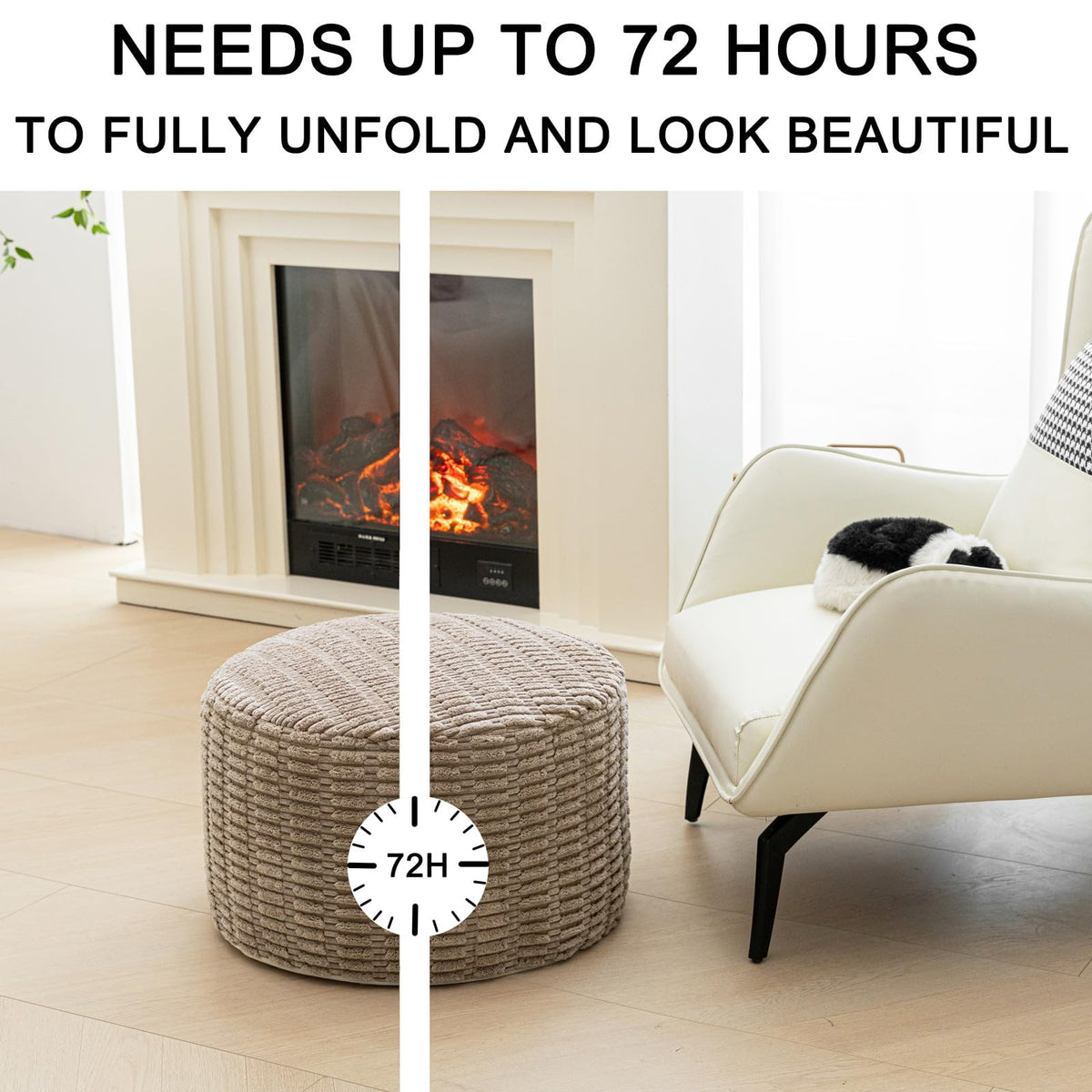 Asuprui pouf ottoman in living room setup adds decorative yet practical foot rest.