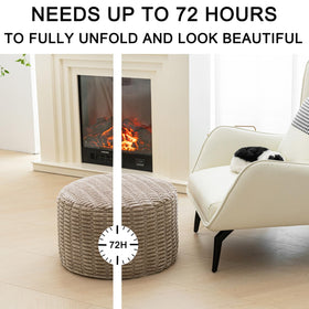 Asuprui pouf ottoman in living room setup adds decorative yet practical foot rest.