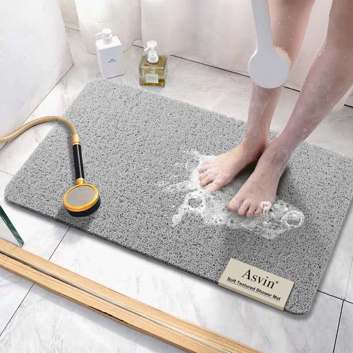 Asvin soft textured bath mat closeup shows non-slip texture for safer baths.