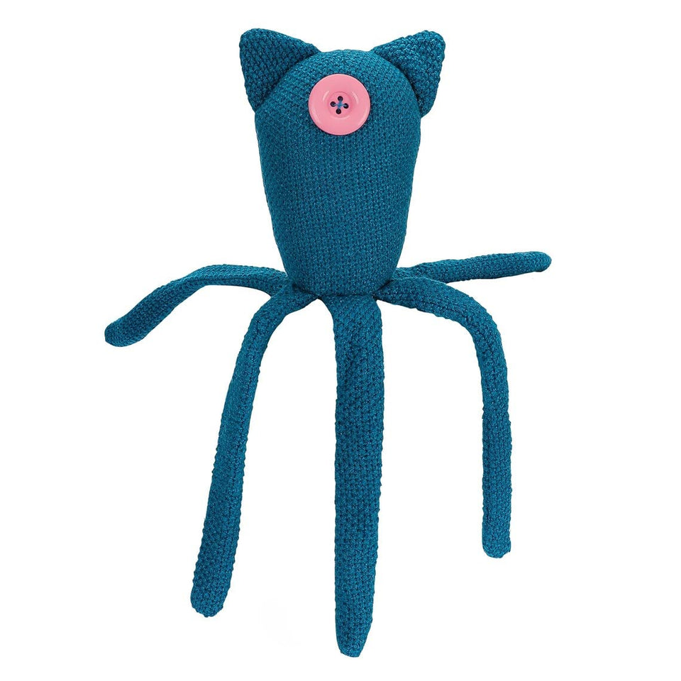 ASVP Shop Coraline crocheted one-eyed octopus doll in bright turquoise, a whimsical decor piece.