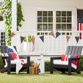 ASVP Shop ten triangle pennants evenly spaced for balanced display.