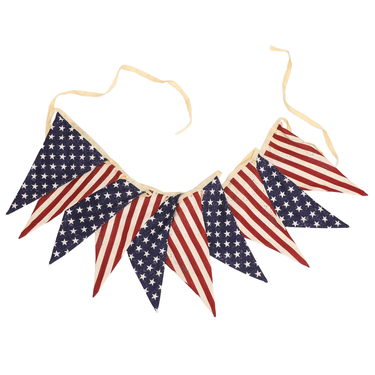 ASVP Shop vintage stars and stripes bunting banner on a porch for Americana flair.
