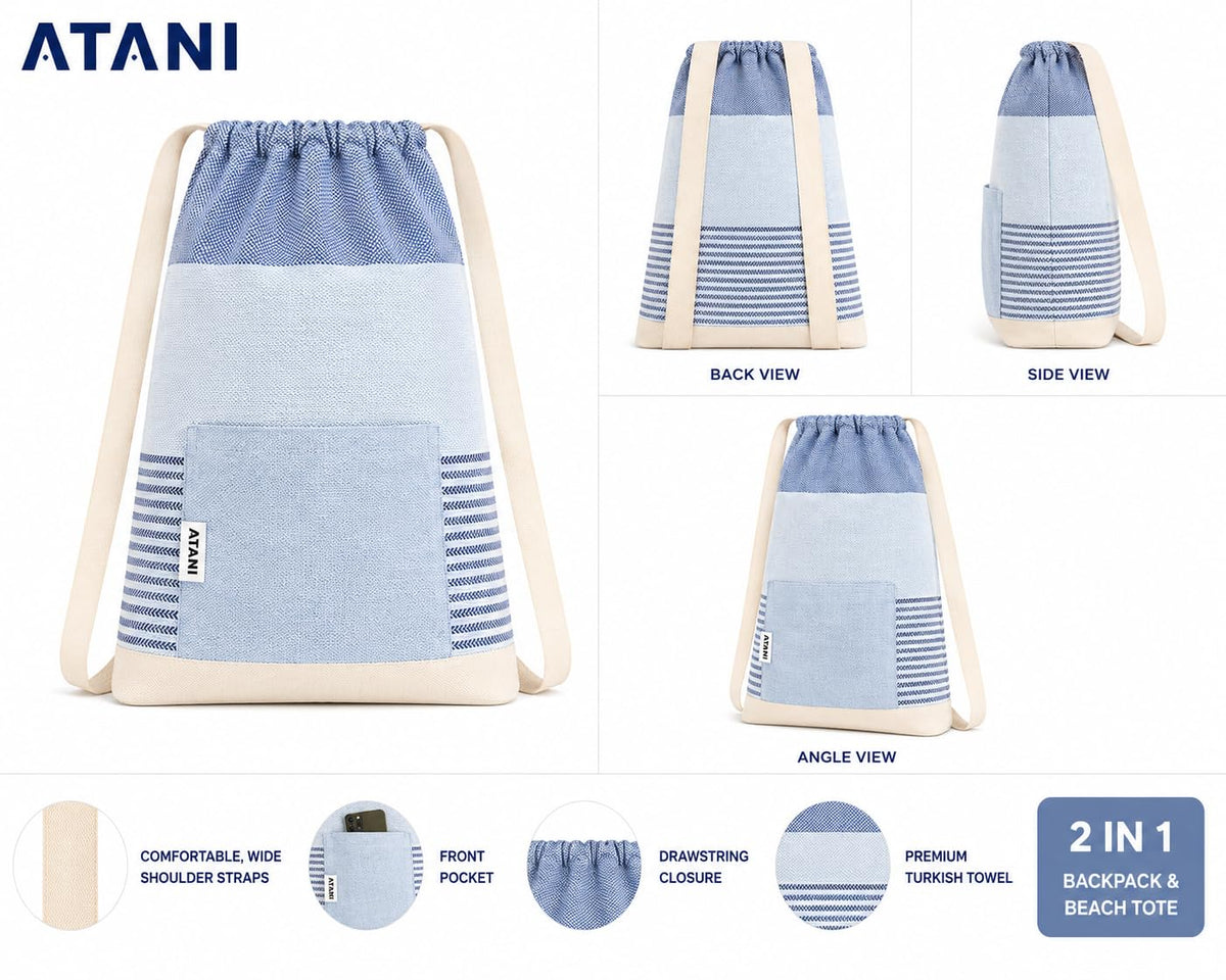 ATANI Turkish Beach Towel 2in1 backpack view showing hands-free carry.