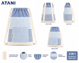 ATANI Turkish Beach Towel 2in1 backpack view showing hands-free carry.