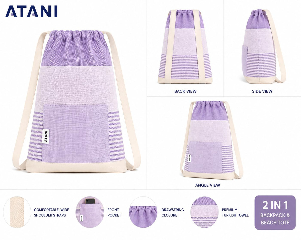 ATANI Turkish Beach Towel converts to a bag in seconds for hands-free travel