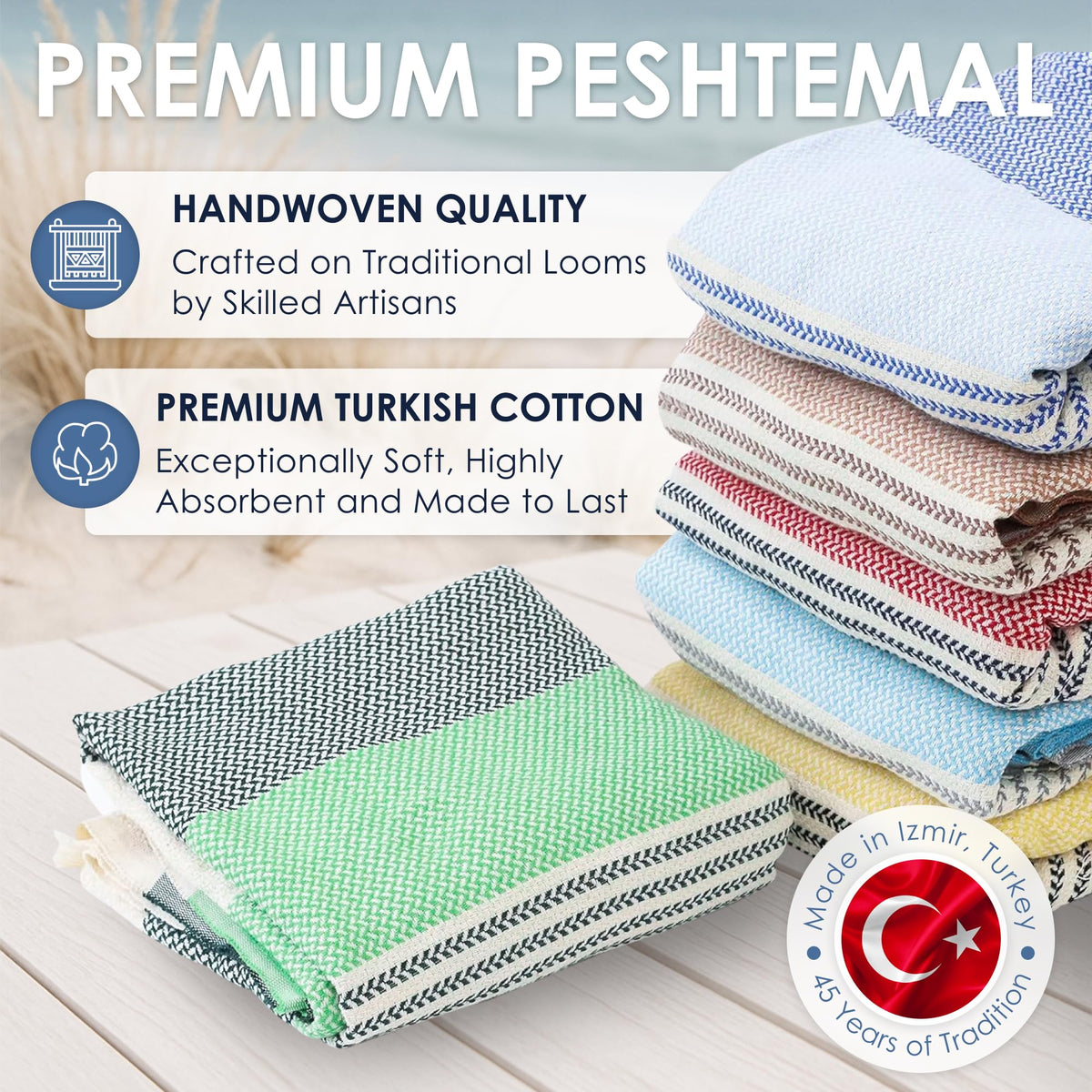 ATANI Turkish Beach Towel uses Pure Aegean Cotton for breathability.