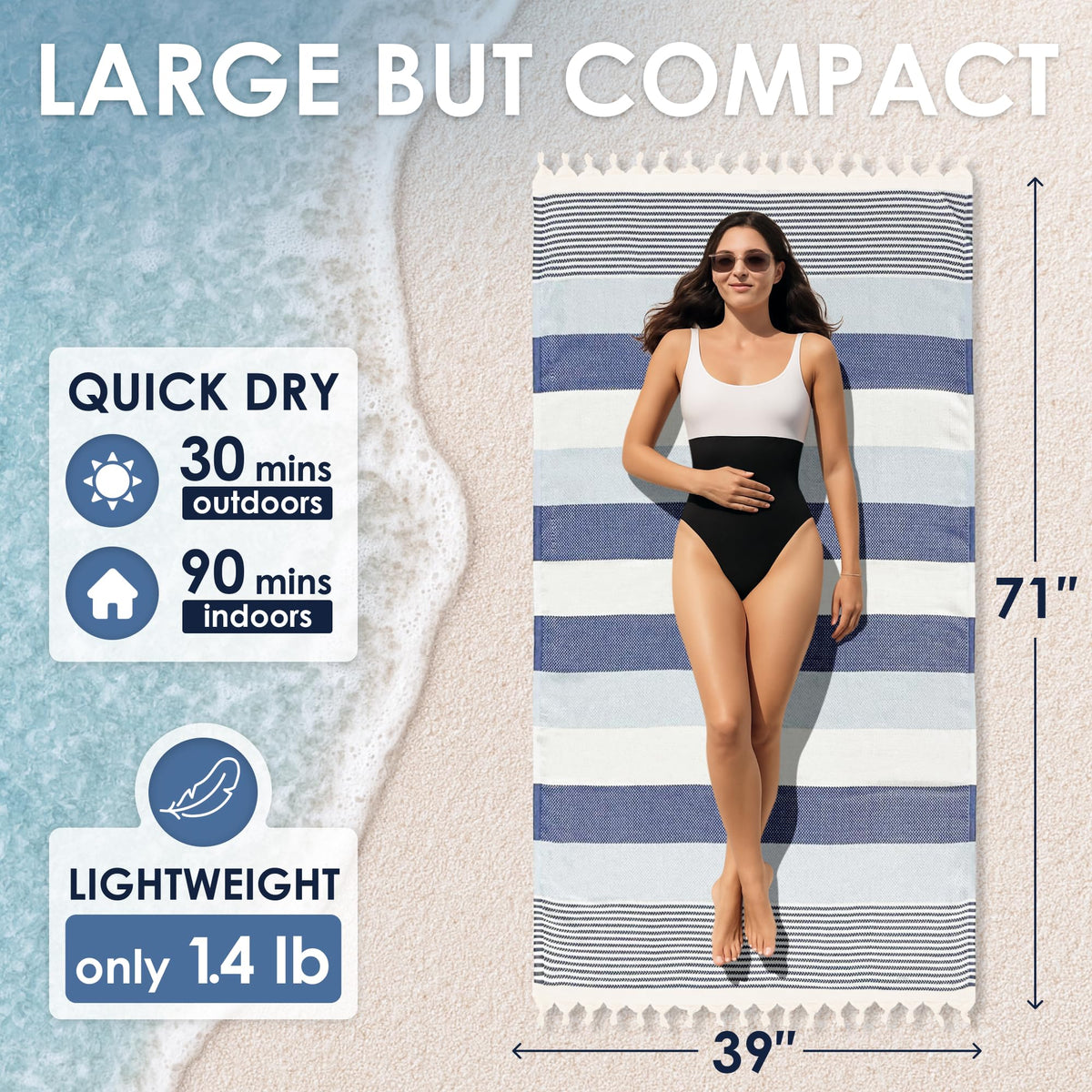ATANI Turkish Beach Towel sand-shake weave releases sand easily.
