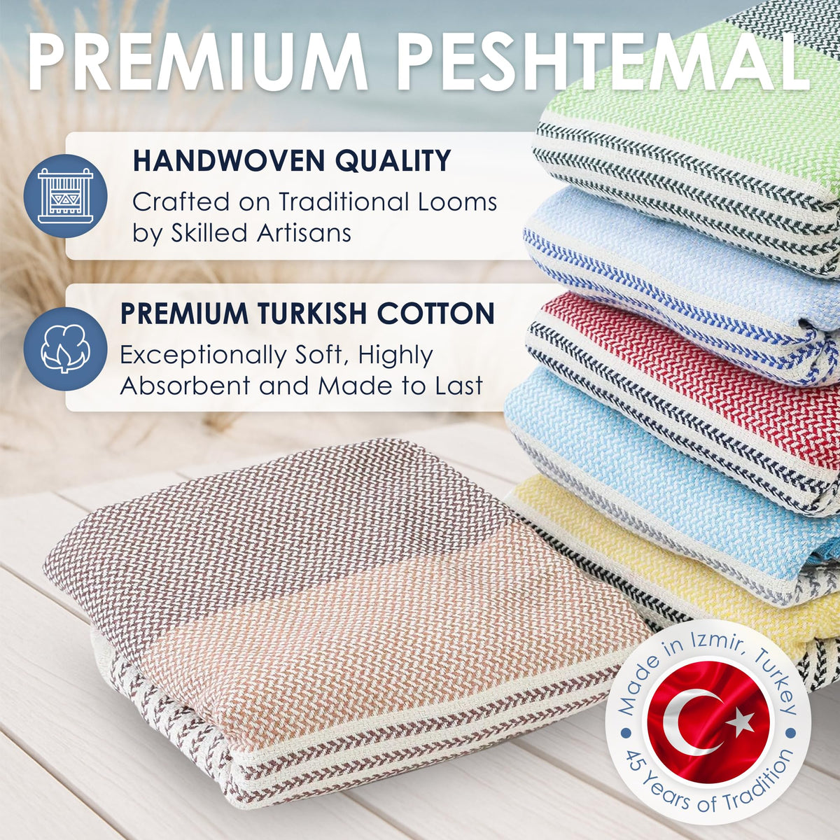 Sand-shake weave of ATANI Turkish Beach Towel sheds grit easily.