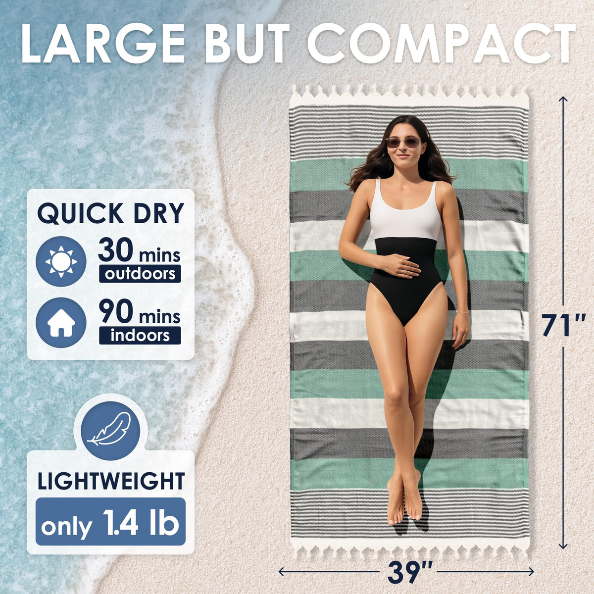 ATANI Turkish Beach Towel with sand-shake weave releasing grit easily.
