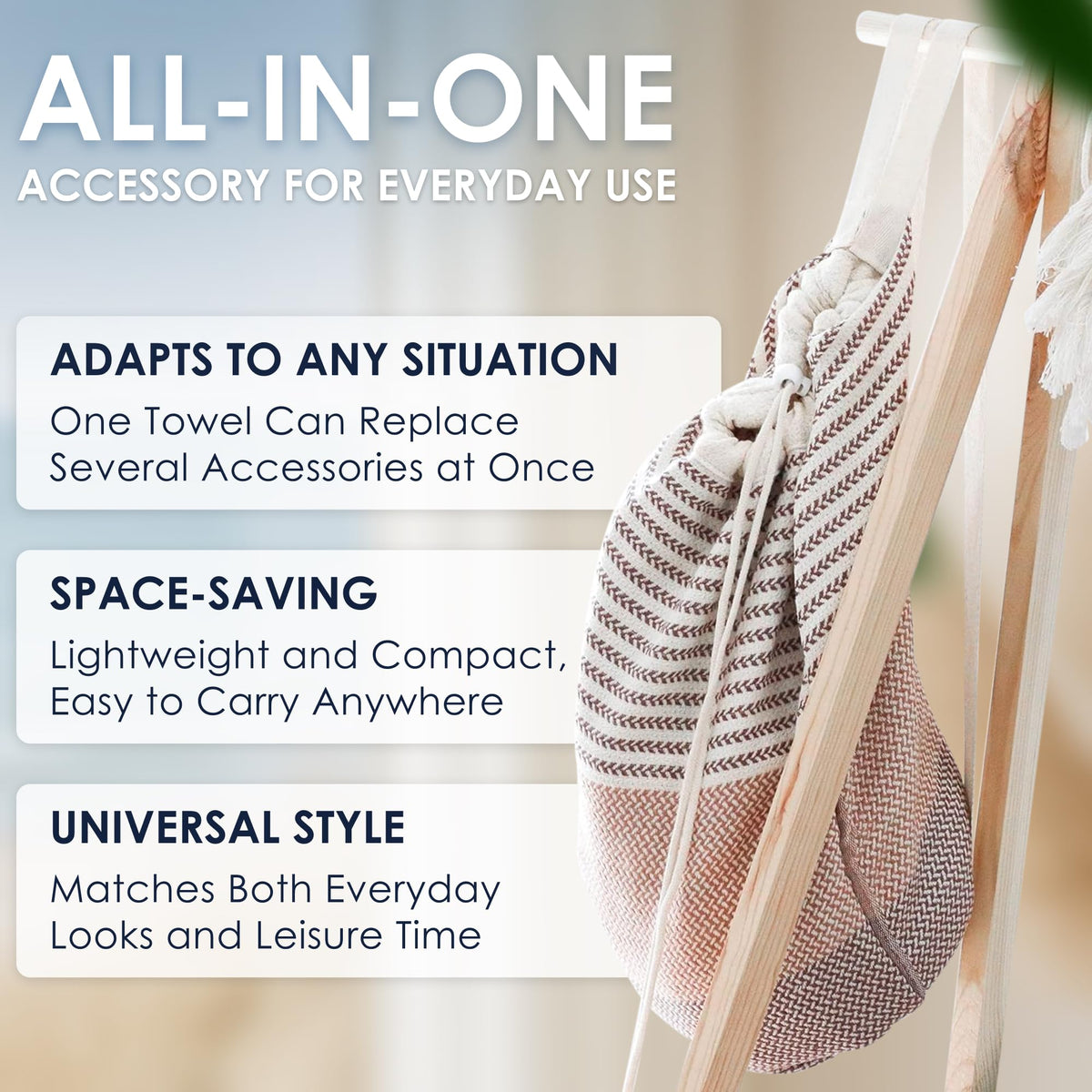 Exterior zip pocket on ATANI Turkish Beach Towel secures valuables.