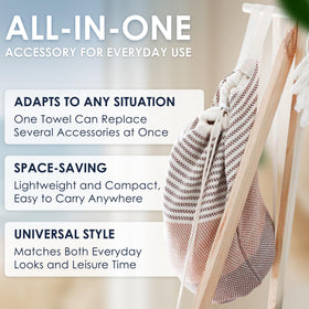 Exterior zip pocket on ATANI Turkish Beach Towel secures valuables.