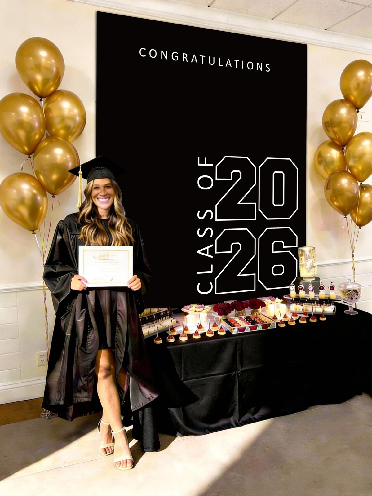 ATFUNSHOP Grad banner backdrop ideal for photo booth and social moments.