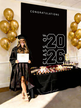 ATFUNSHOP Grad banner backdrop ideal for photo booth and social moments.