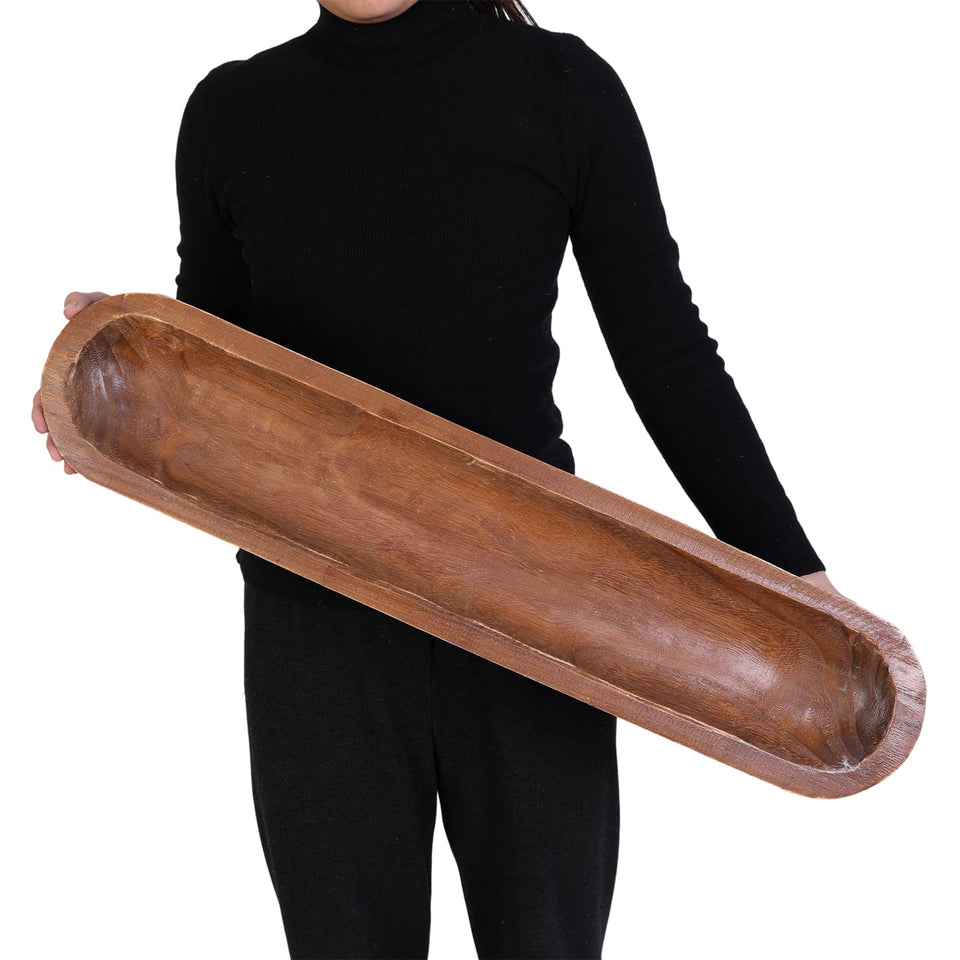 Athaliah wooden dough bowl, 30-inch long, rustic centerpiece for living rooms.