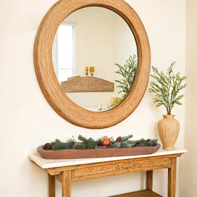 Athaliah dough bowl centerpiece on dining table for dramatic styling.