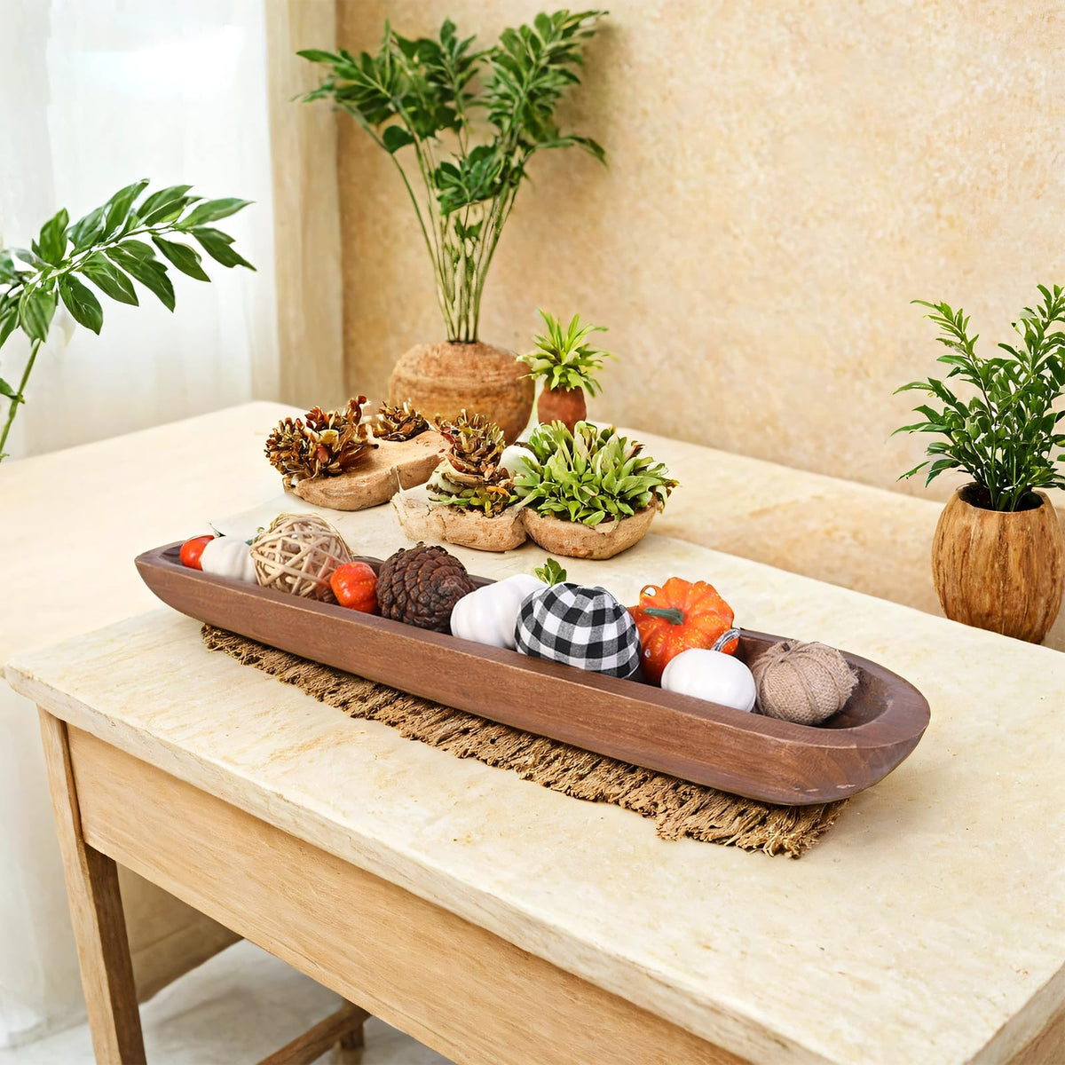 Athaliah dough bowl in entryway for mail and accessories.