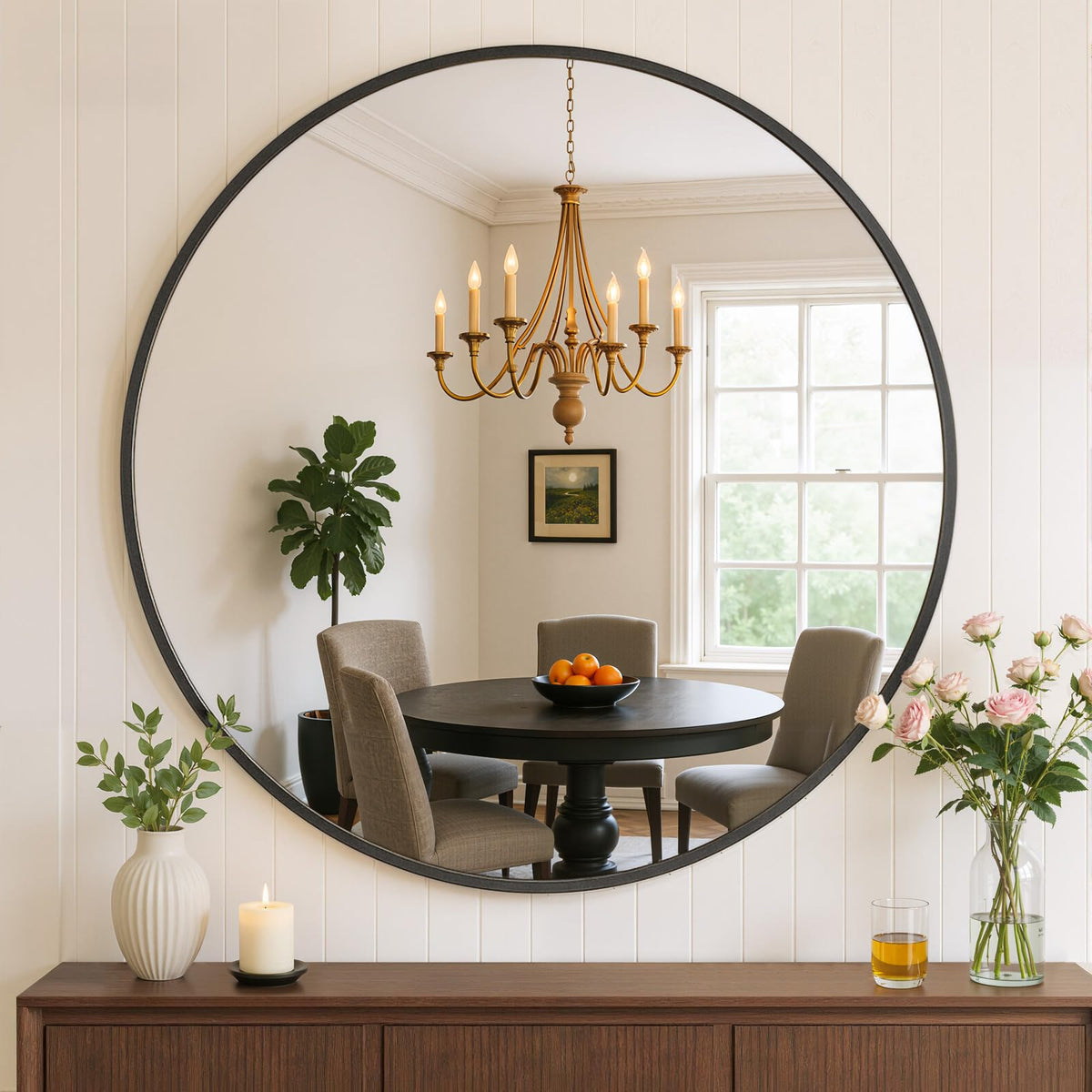 Atilioo 30 inch round bathroom mirror with matte black frame for a crisp reflection above the sink